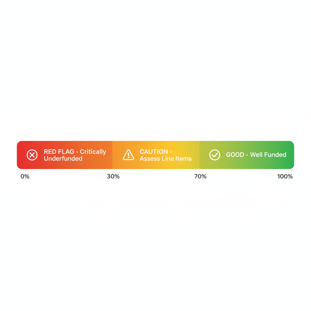 HOA Reserve Funding Status Scale showing Red Flag (Critically Underfunded 0-30%), Caution (Assess Line Items 30-70%), and Good (Well Funded 70-100%)