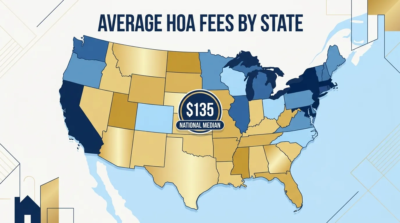A U.S. map with HOA fee ranges by state and a highlighted national median, illustrating how much condo and HOA dues cost in 2026