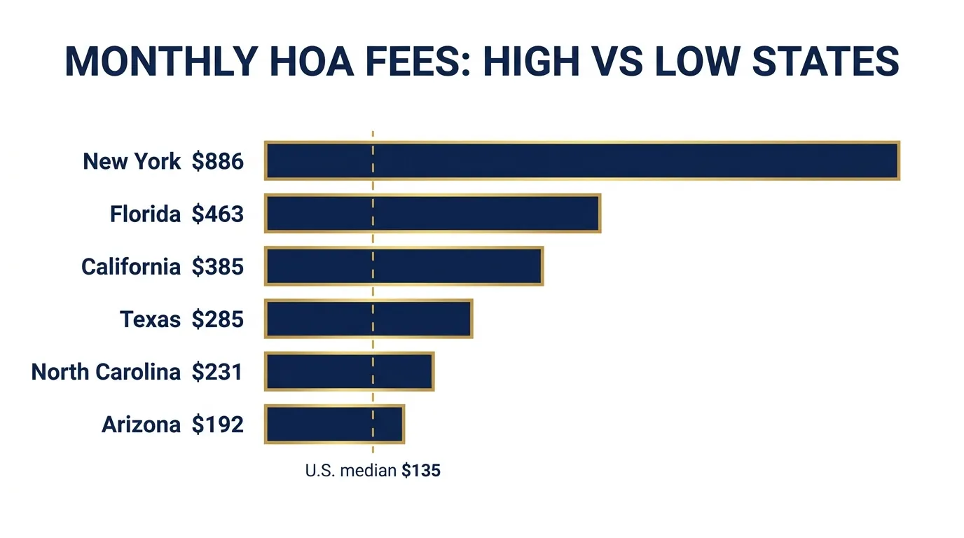 Bar chart ranking average monthly HOA fees for selected U.S. states in 2026, from Arizona near $190 to New York near $900, with the national Census median marked
