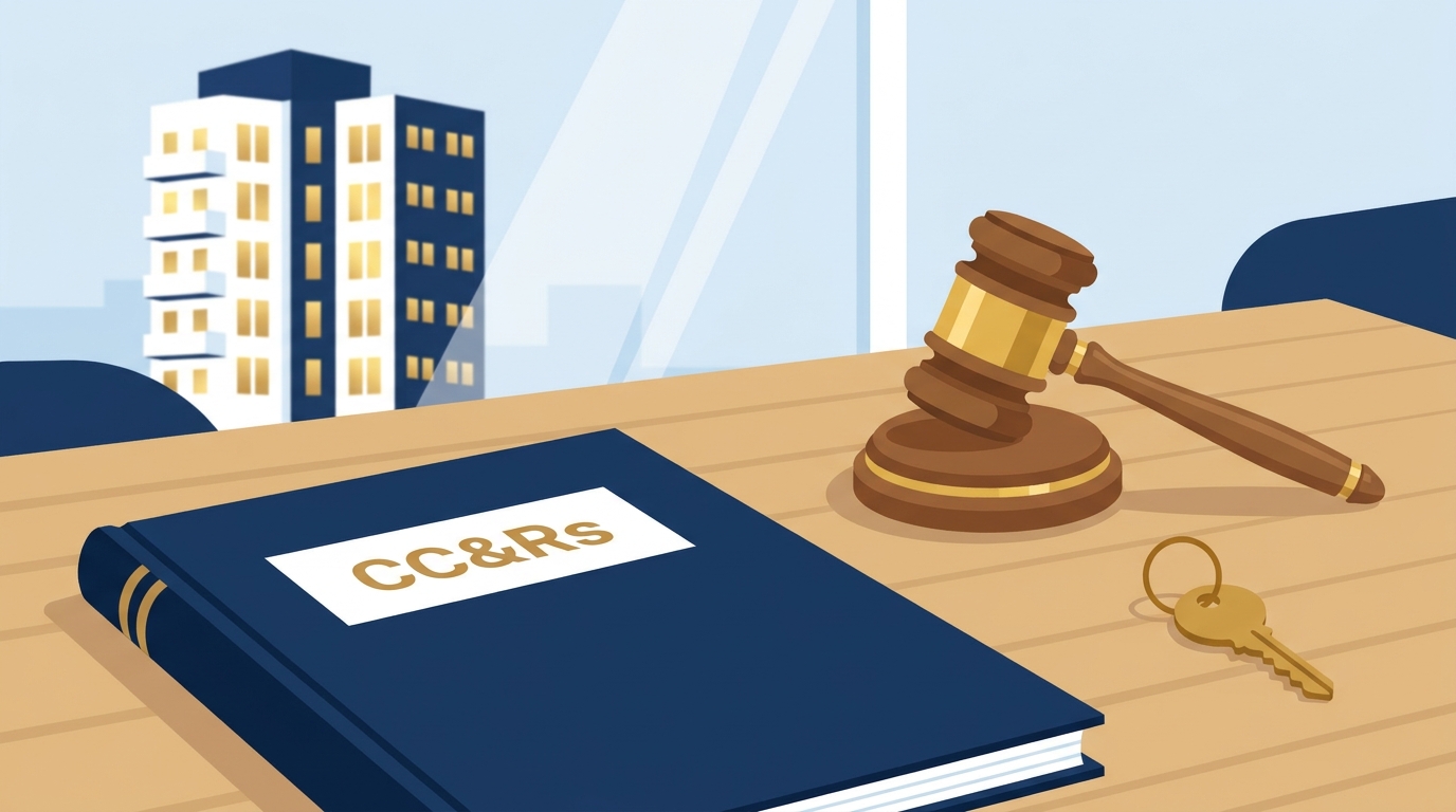An HOA board meeting table with an open CC&R declaration, a gavel, and a house key, representing a board weighing a short-term rental restriction