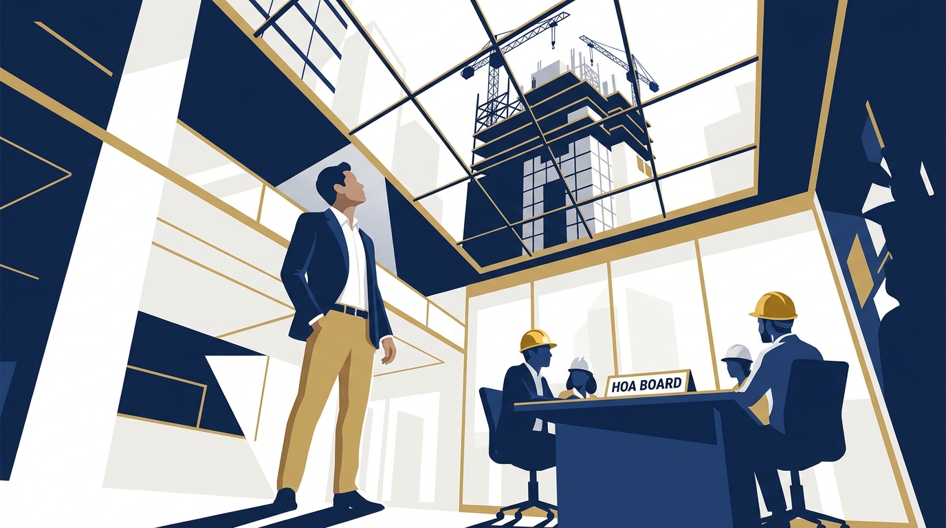 A buyer touring a newly built condo tower while the developer still controls the HOA board