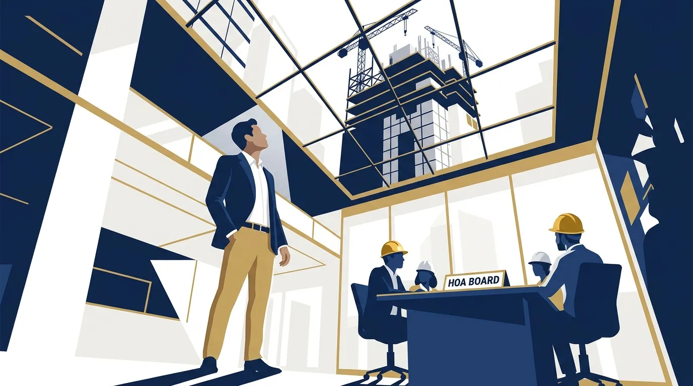 A buyer touring a newly built condo tower while the developer still controls the HOA board