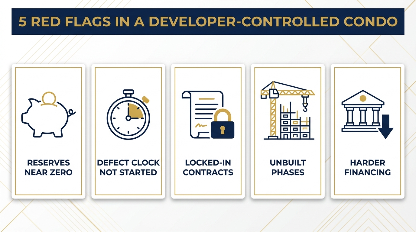 Infographic listing five red flags in a developer-controlled condo: reserves near zero, defect clock not started, locked-in contracts, unbuilt phases, and harder financing