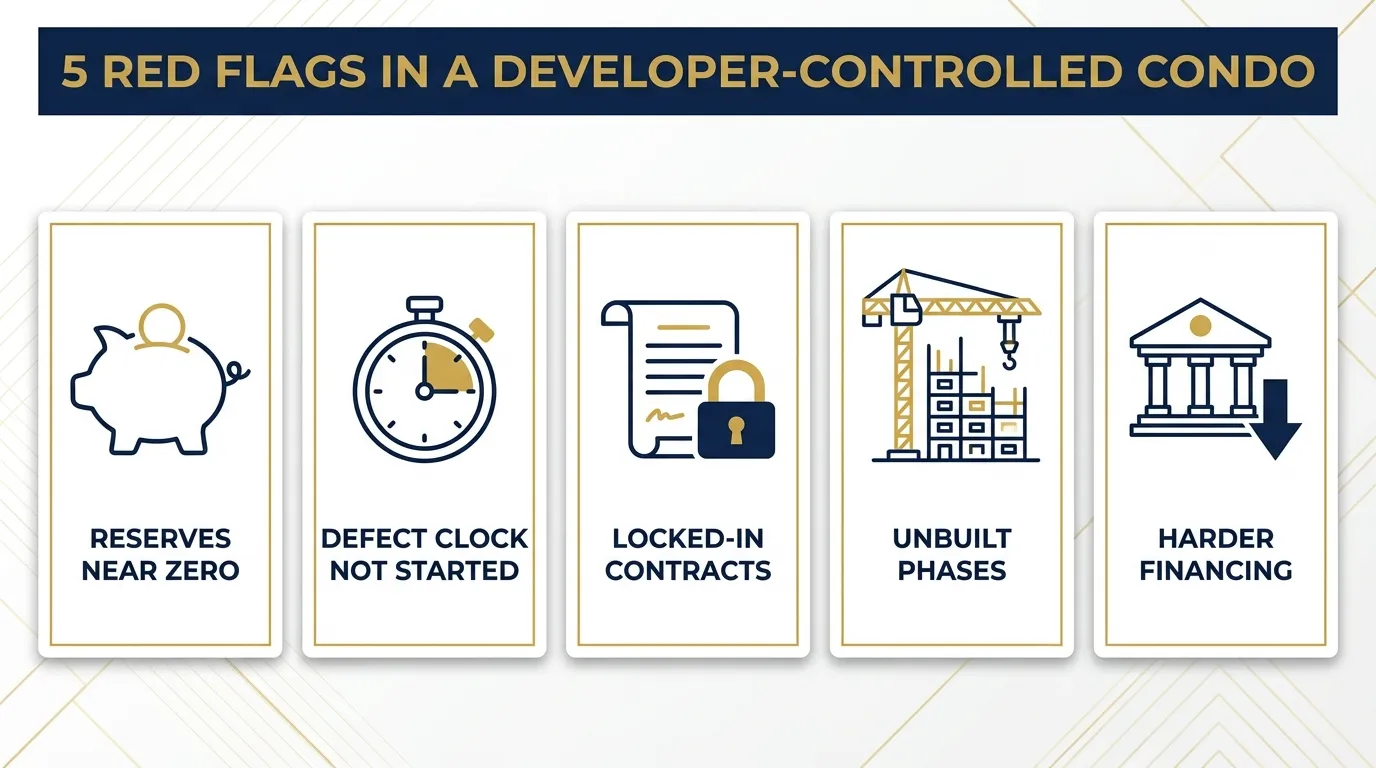Infographic listing five red flags in a developer-controlled condo: reserves near zero, defect clock not started, locked-in contracts, unbuilt phases, and harder financing