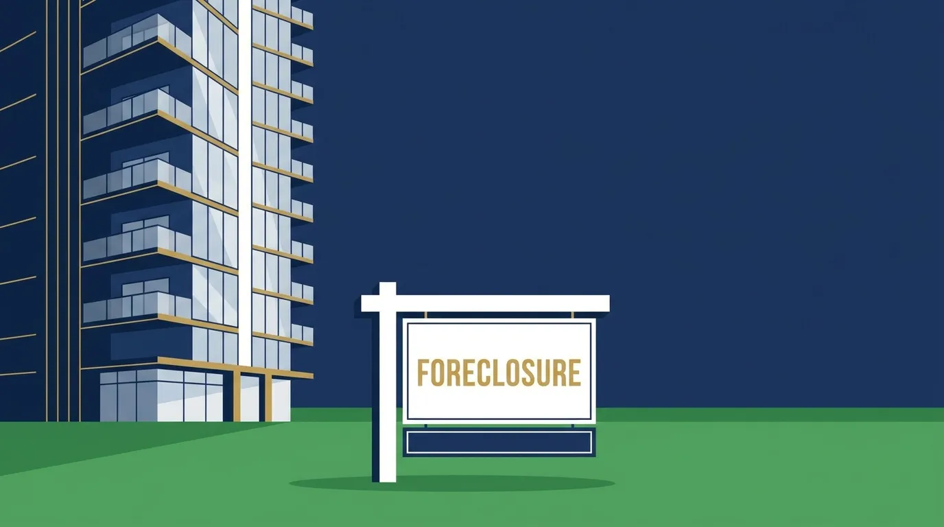 A foreclosure sign outside a condominium building, illustrating the hidden HOA risks of buying a foreclosed condo