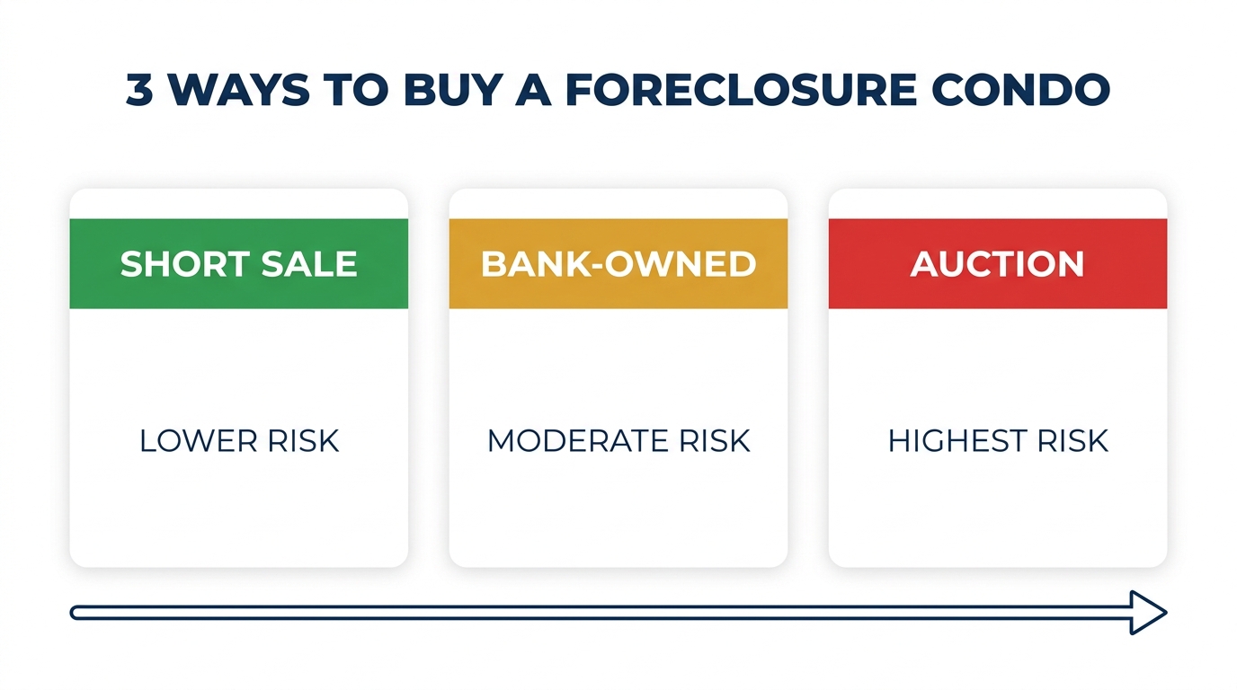 Comparison of three ways to buy a foreclosure condo, pre-foreclosure short sale, bank-owned REO, and courthouse auction, ranked by HOA risk