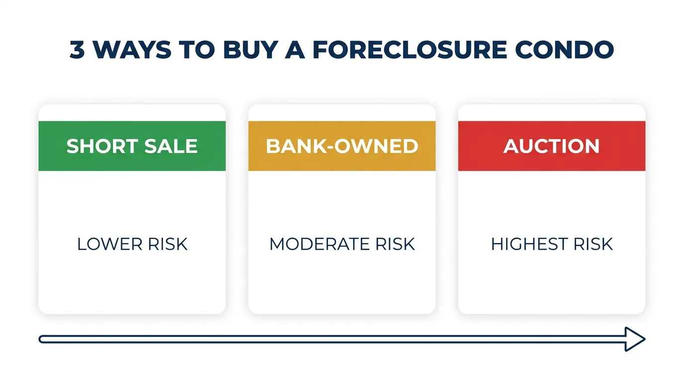 Comparison of three ways to buy a foreclosure condo, pre-foreclosure short sale, bank-owned REO, and courthouse auction, ranked by HOA risk