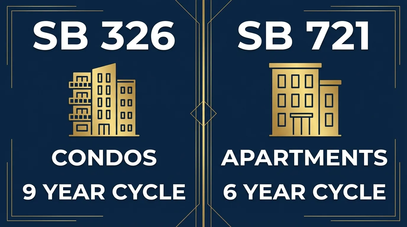 SB 326 vs SB 721 comparison - SB 326 covers condos on a 9 year inspection cycle, SB 721 covers apartments on a 6 year cycle