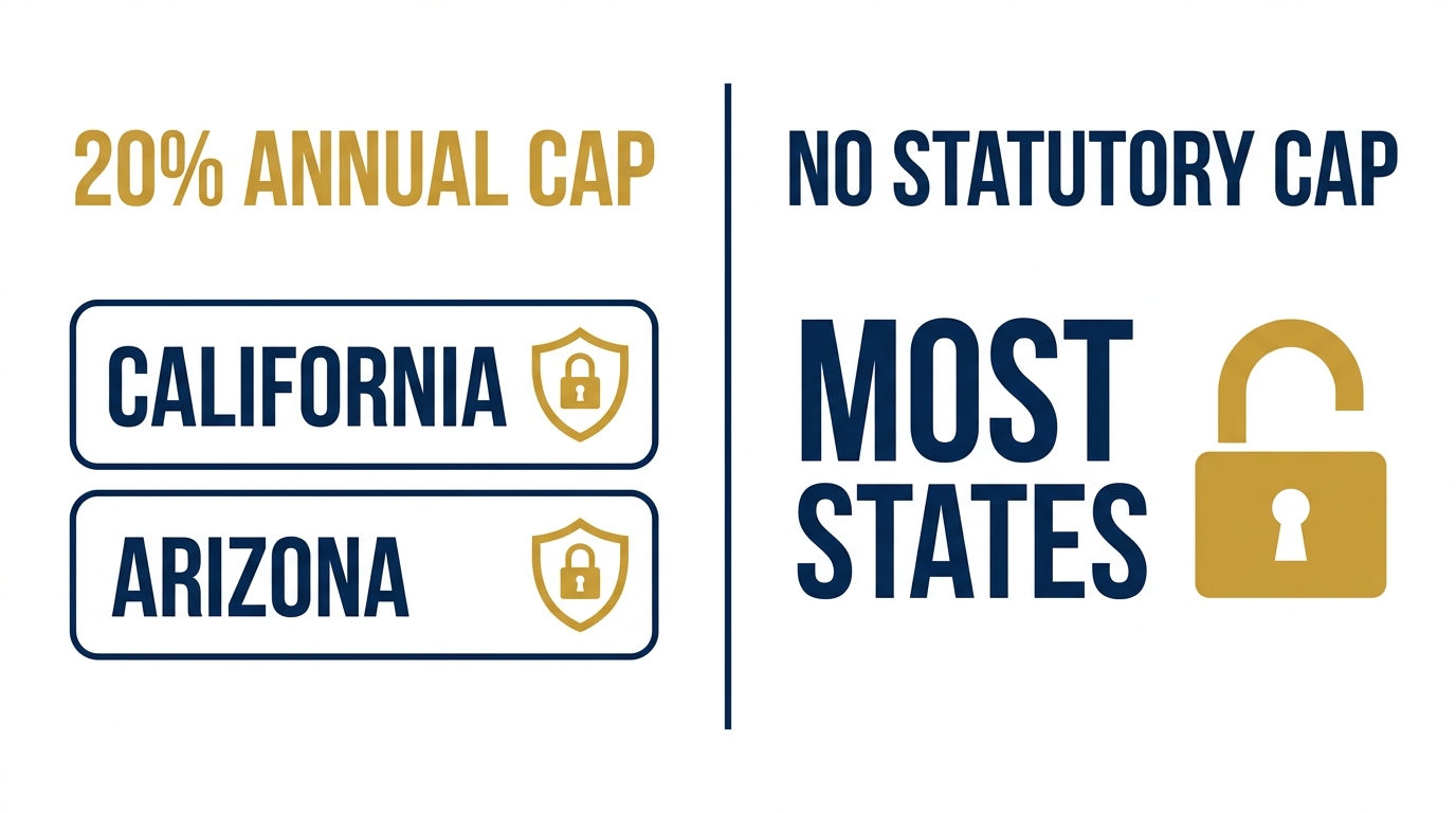 Comparison graphic: only California and Arizona impose a 20% annual cap on HOA dues increases, while most states have no statutory cap