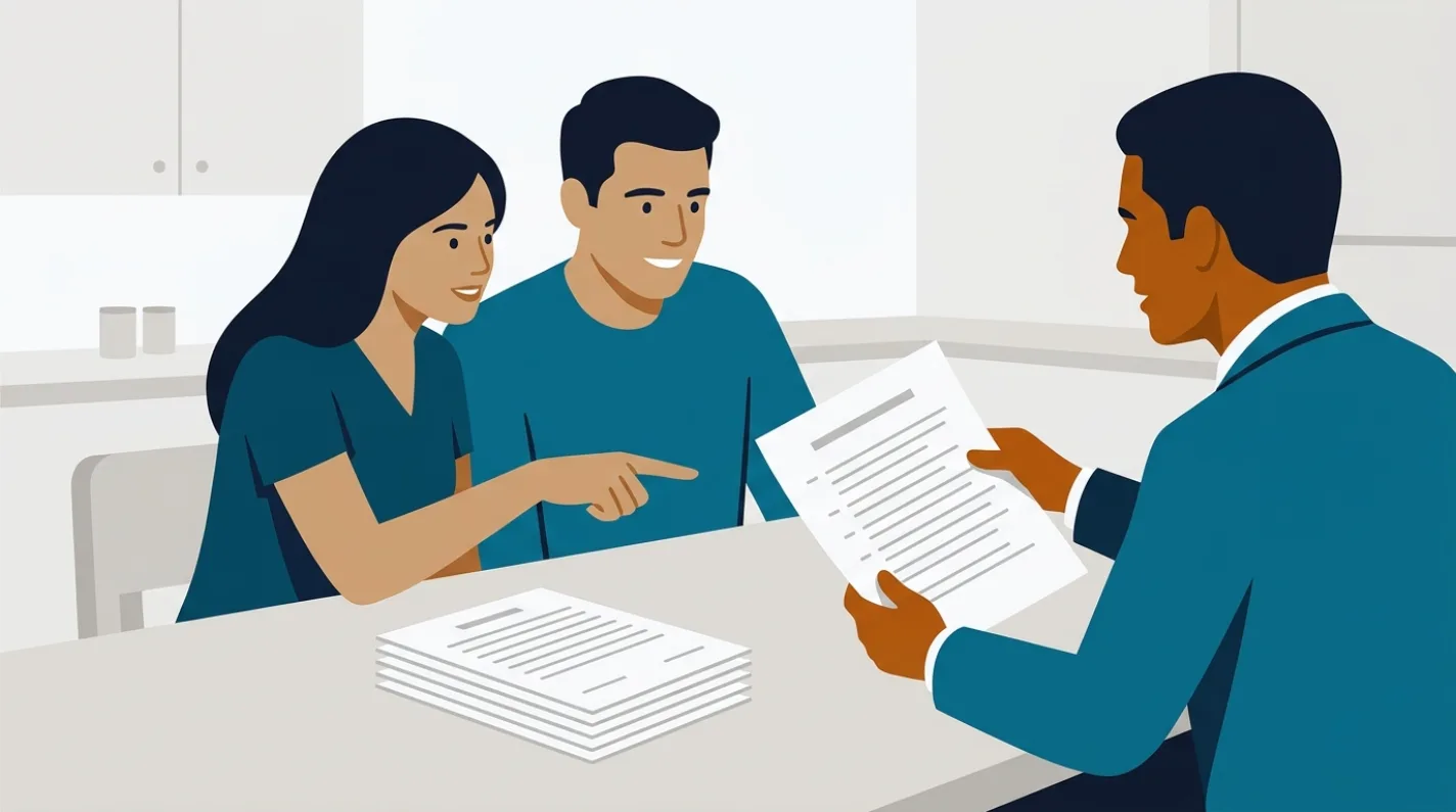 A couple and their real estate agent at a kitchen table go through a printed condo-buying checklist, with a stack of HOA documents beside them