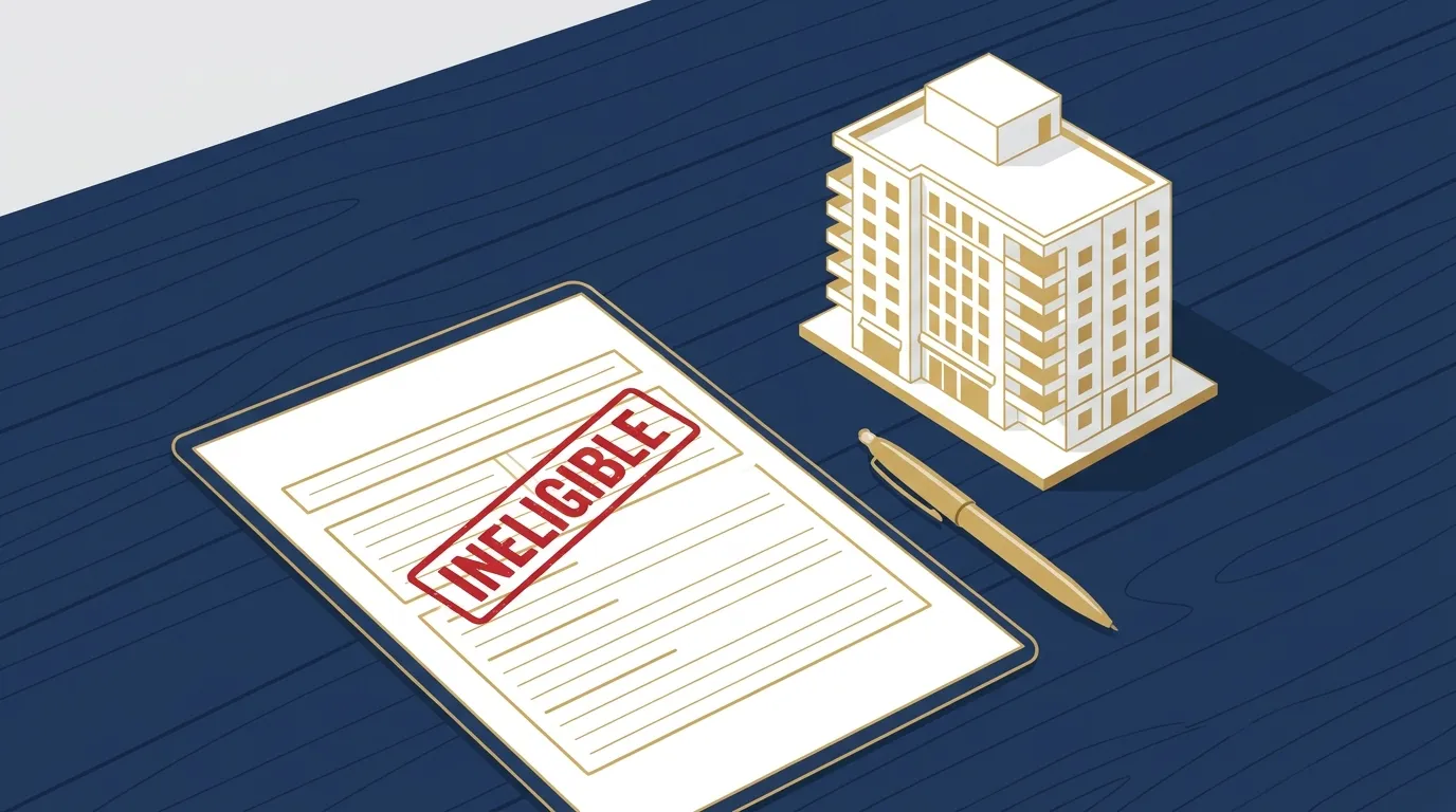A condo project questionnaire on a lender's desk marked ineligible, illustrating a building that failed Fannie Mae's financing review