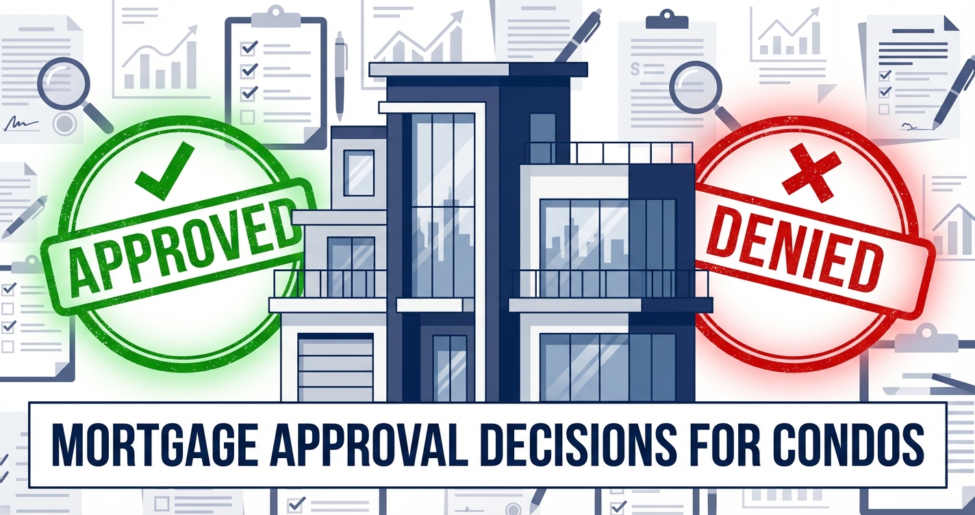Mortgage approval decisions for condos: approved vs denied stamps over a condo building