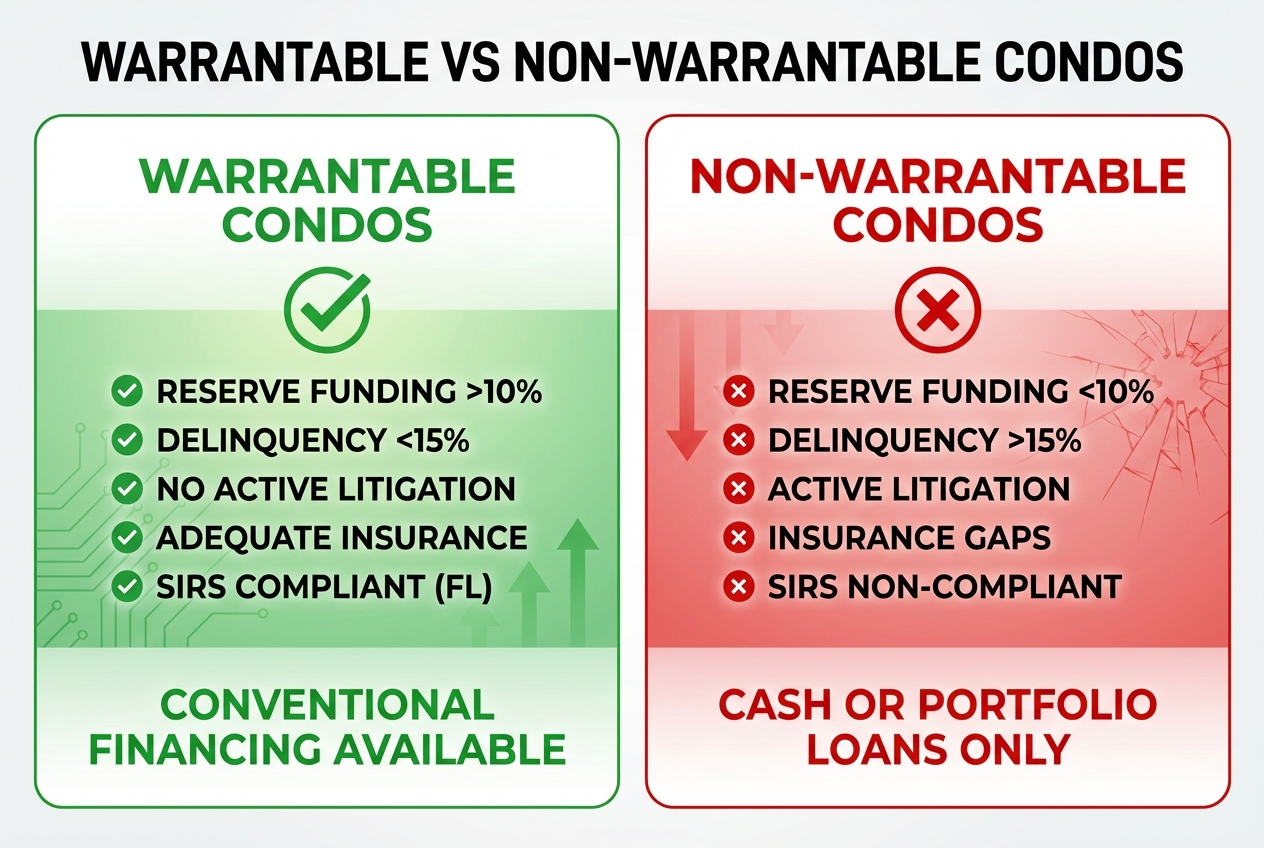 Warrantable vs Non-Warrantable Condo: Side-by-side comparison showing financing options