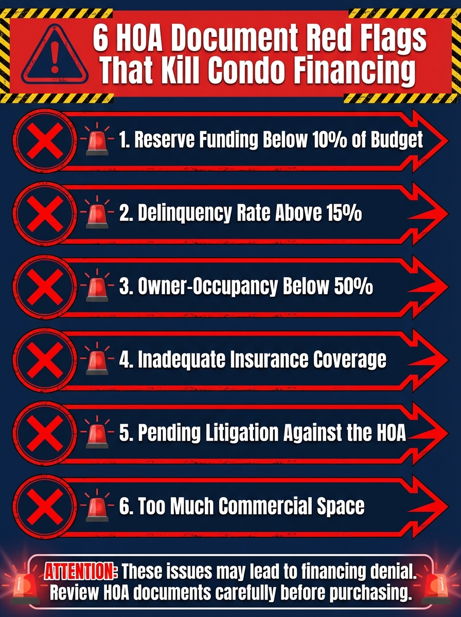 6 HOA Document Red Flags That Kill Condo Financing: checklist infographic