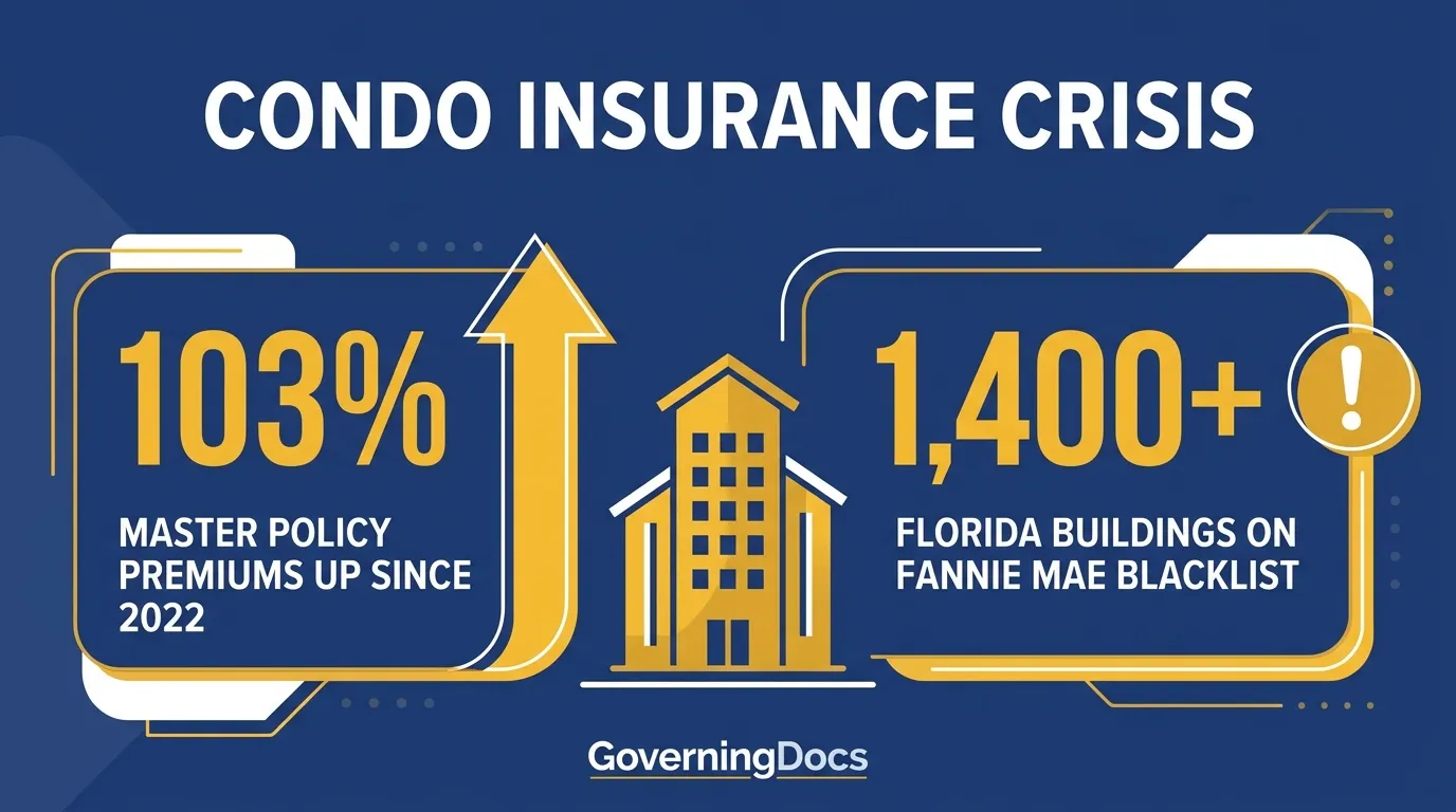 Chart showing condo master insurance premiums doubled since 2022 and over 1,400 Florida buildings on Fannie Mae blacklist