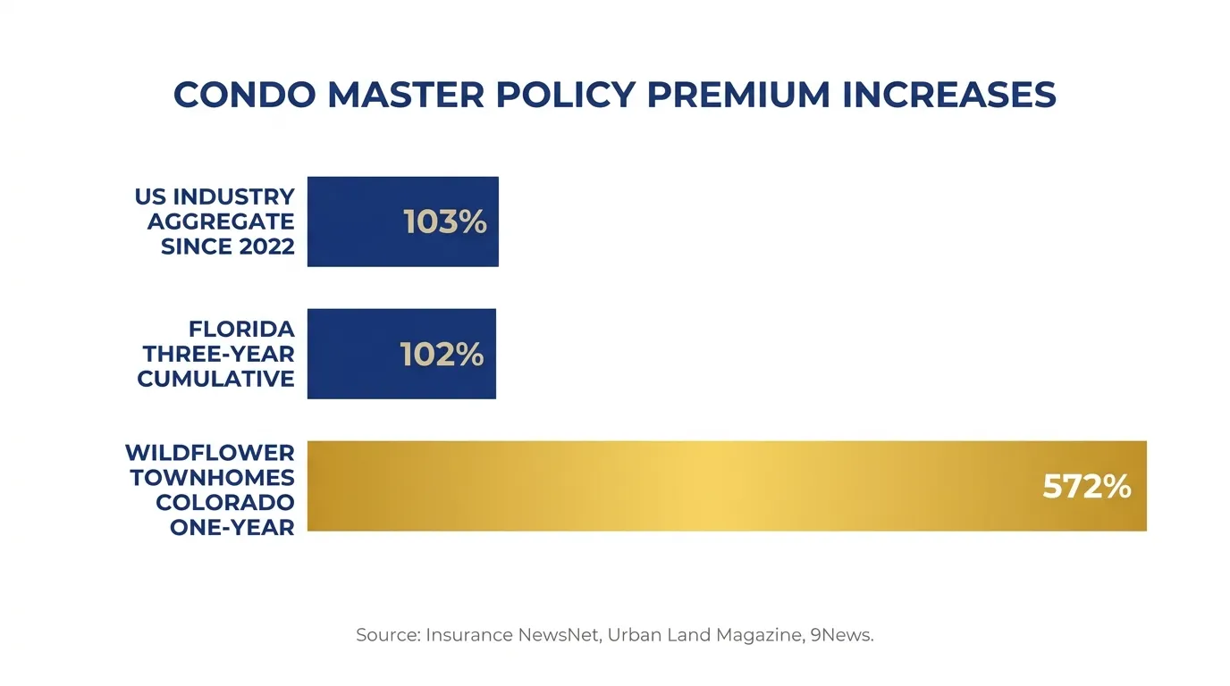 Horizontal bar chart of condo master policy premium increases: 103% US industry aggregate since 2022, 102% Florida three-year cumulative, and 572% one-year increase at Wildflower Townhomes in Colorado ($65,000 to $437,000)