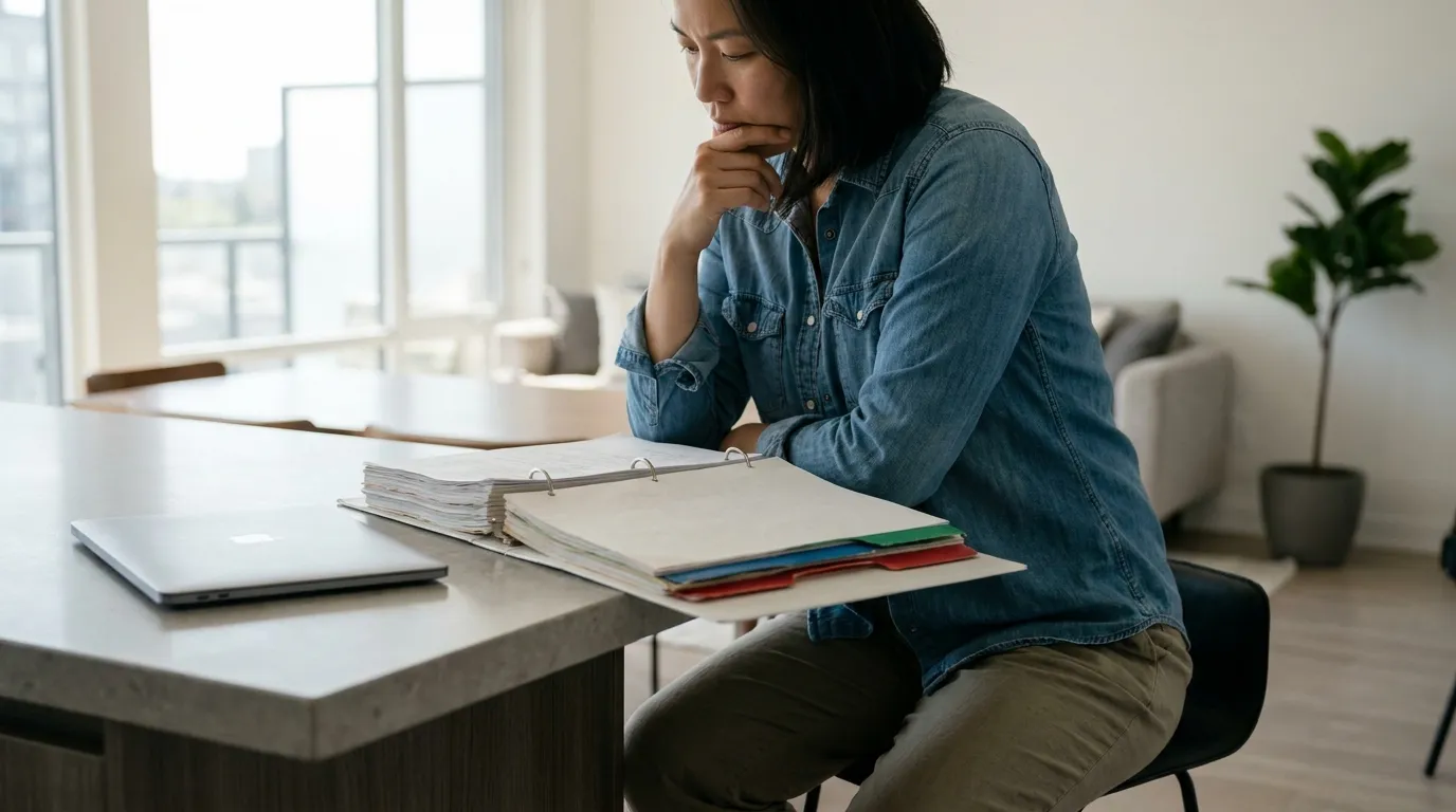 A condo buyer reviewing a thick resale package on a kitchen counter, with reserve study, meeting minutes, and budget tabs visible