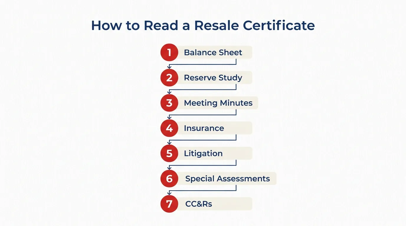 Numbered 7-step flow for reading a condo resale certificate: balance sheet, reserve study, meeting minutes, insurance, litigation, special assessments, then CC and Rs