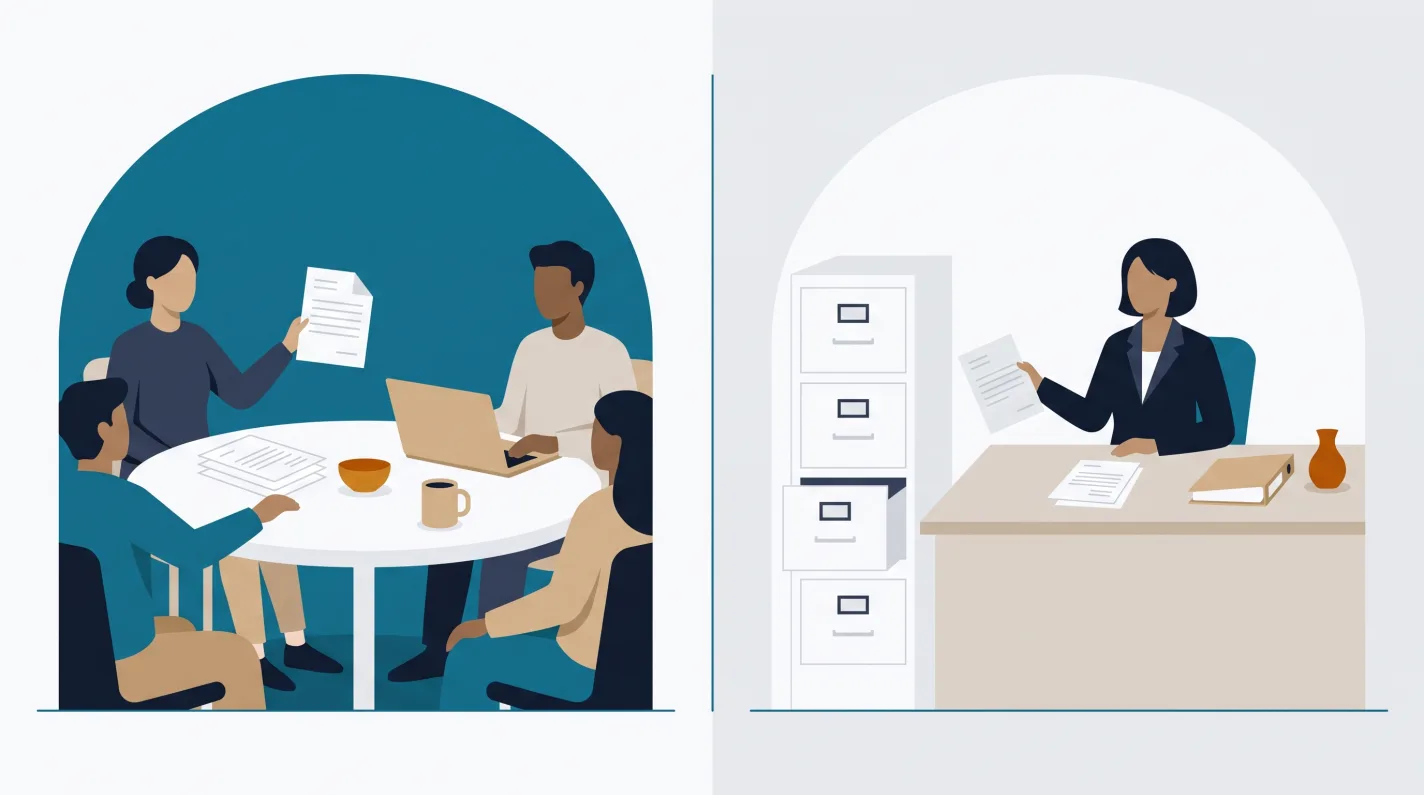Two scenes side by side: volunteer neighbors running their condo association around a table with a laptop and papers, and a property manager at a desk beside a filing cabinet