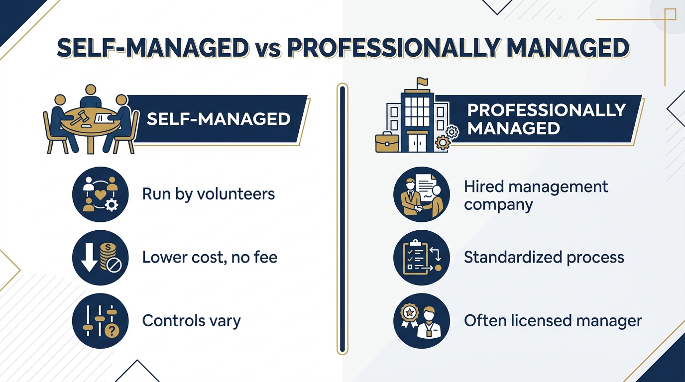 Comparison of a self-managed HOA run by a volunteer board against a professionally managed HOA run by a licensed management company, across finances, documents, and compliance