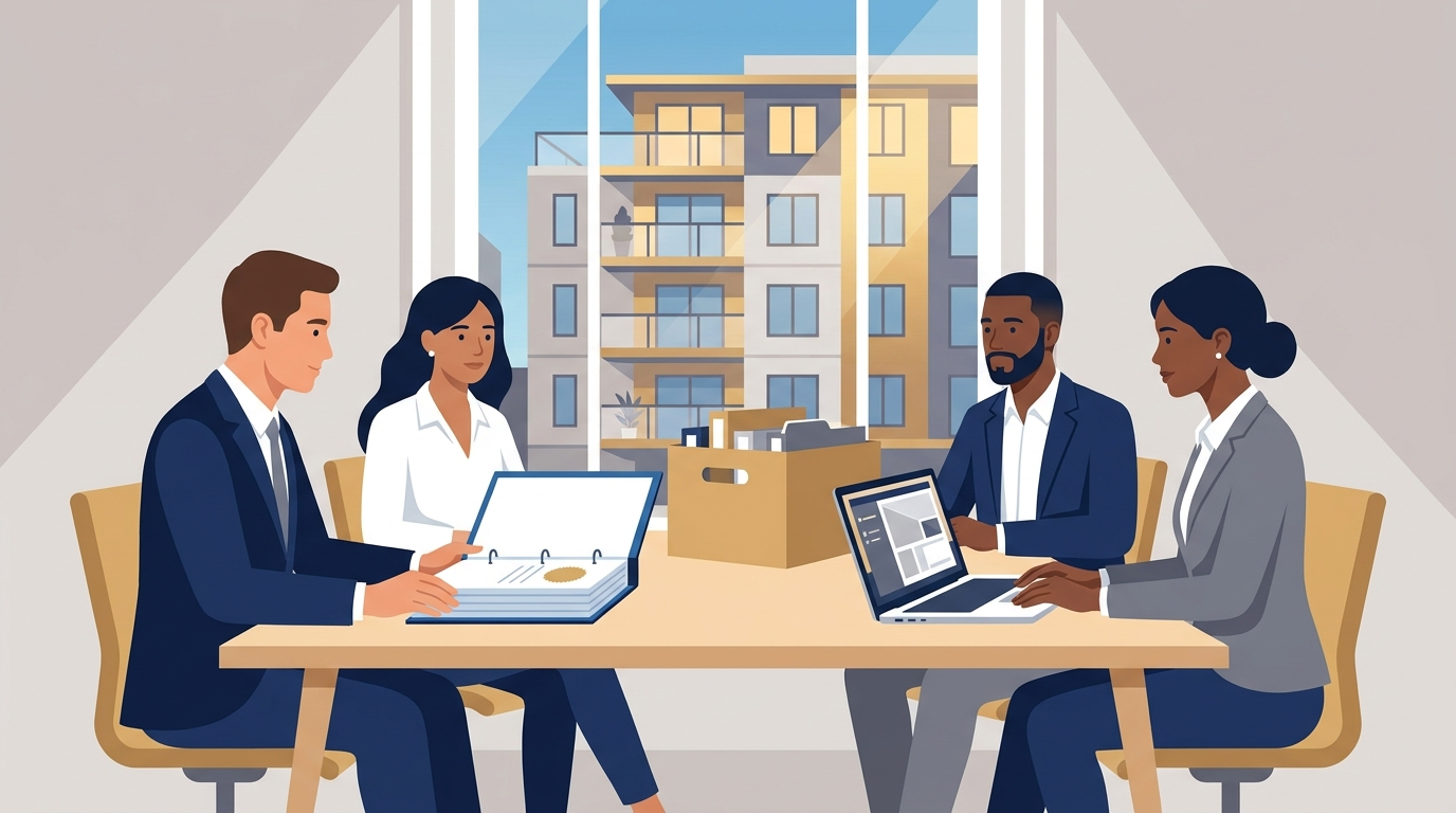 A new HOA board reviewing a recorded declaration and turnover binder across a conference table