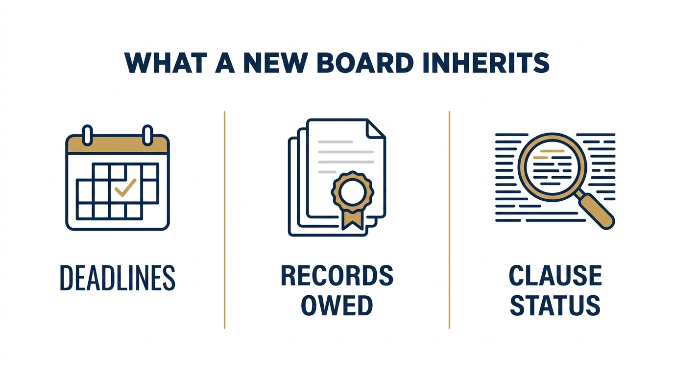 Three categories a new HOA board inherits at turnover: deadlines, records owed by the developer, and the legal status of clauses in the declaration