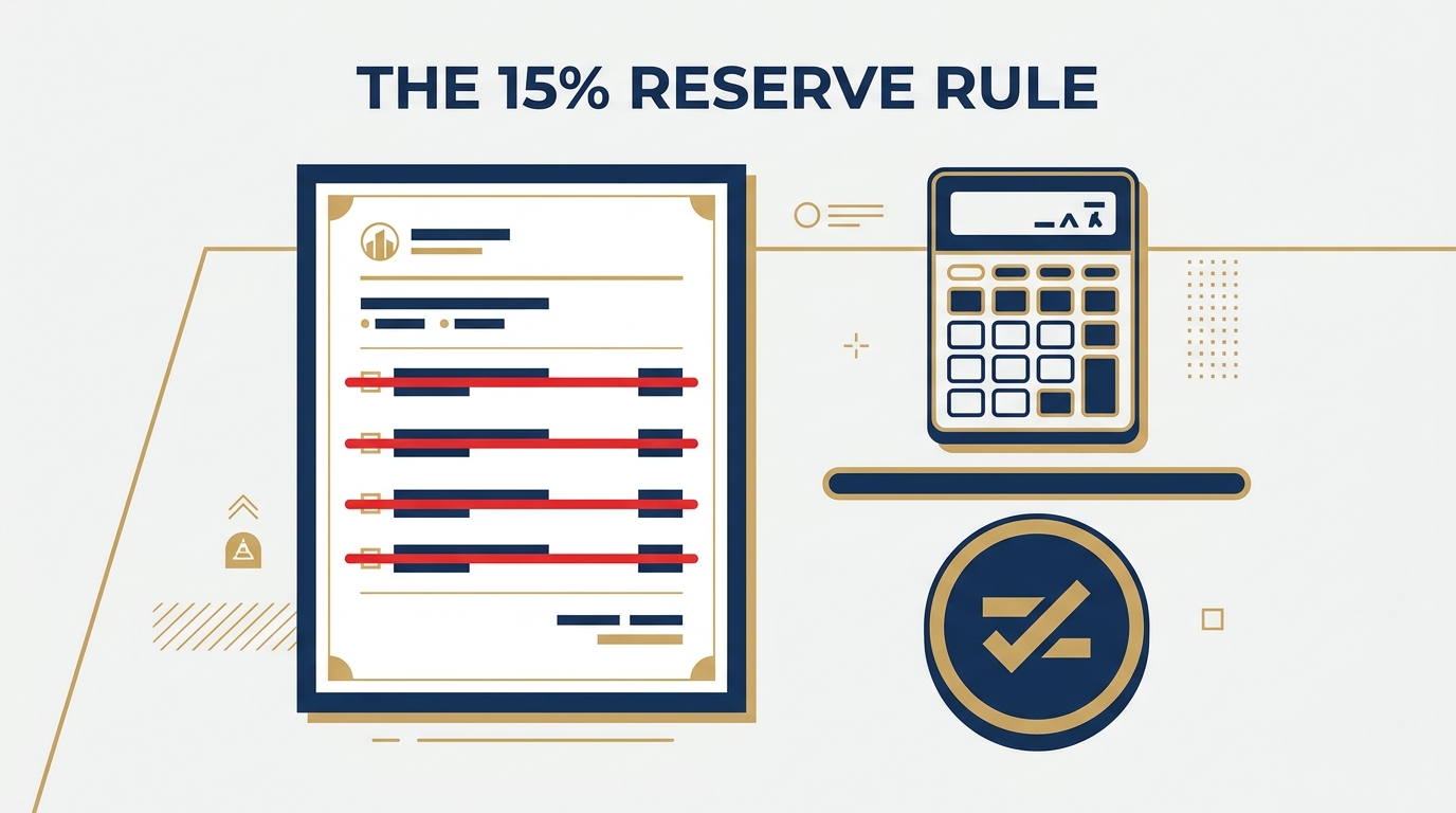 A flat vector illustration titled The 15% Reserve Rule, showing a condo association budget page with four income lines struck through in red, beside a calculator, a division bar and a circled seal