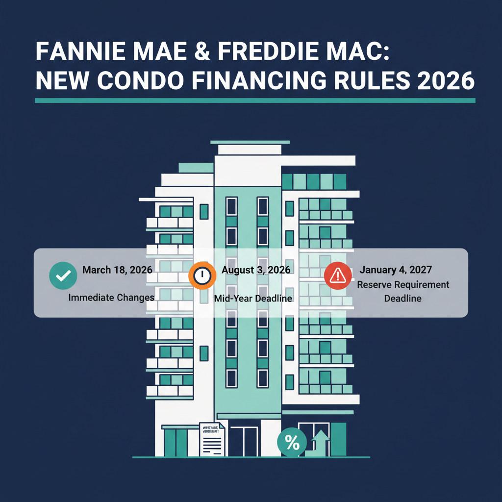 Fannie Mae and Freddie Mac Condo Rule Changes 2026: Timeline showing three effective dates - March 18, August 3, and January 4 2027