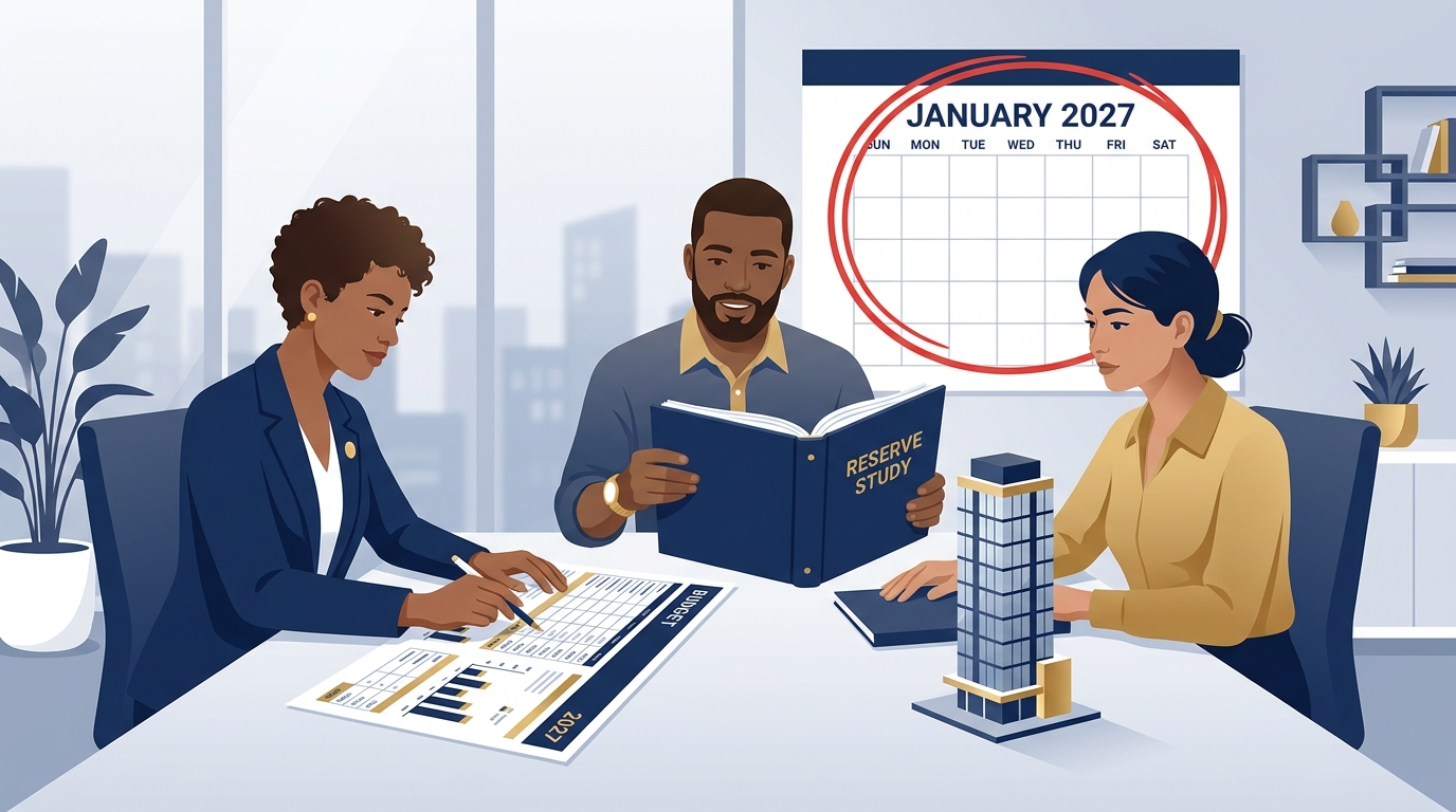 An HOA board reviewing a budget and reserve study around a conference table, with a calendar marked January 2027