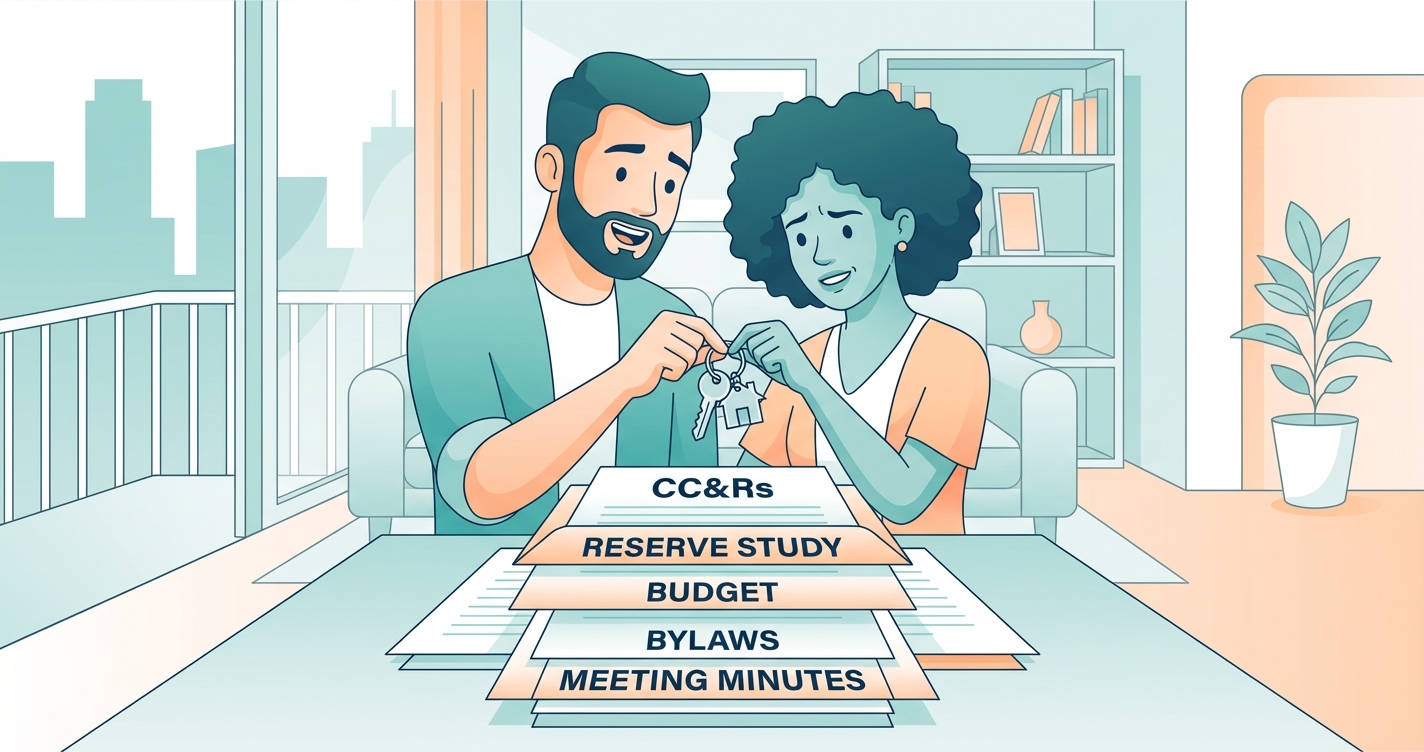 First-time homebuyer reviewing condo HOA documents