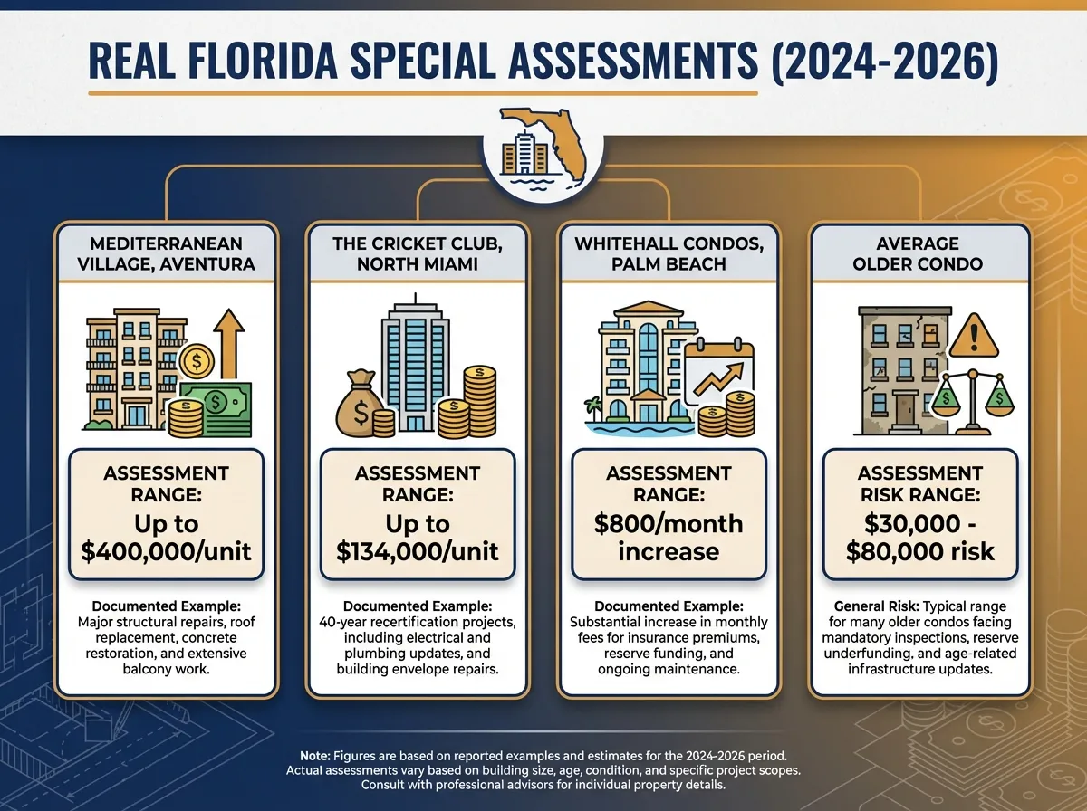 Real Florida Special Assessments: Mediterranean Village $400K/unit, Cricket Club $134K/unit, Whitehall Condos $800/month increase, average older condo $30K-$80K risk