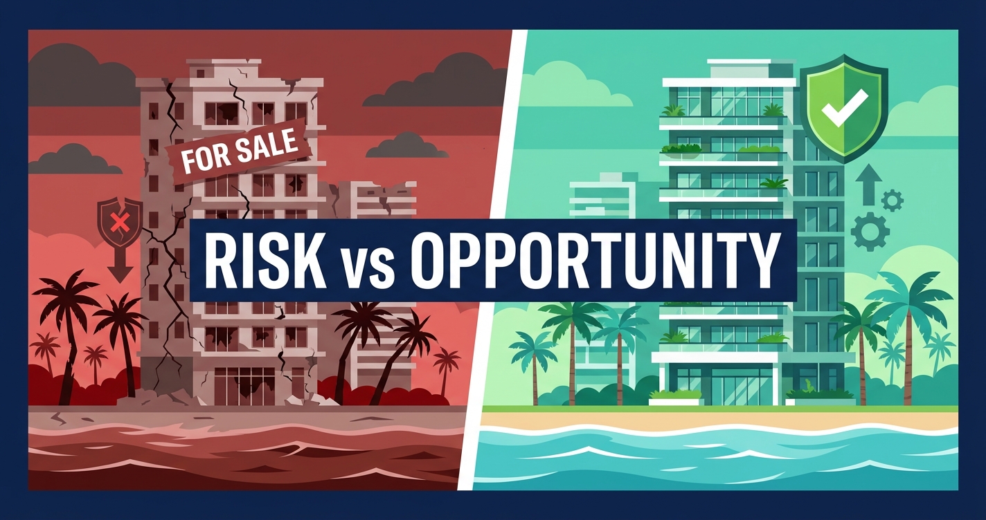 Florida Condo Investment 2026 - Risk vs Opportunity split view of Florida condos
