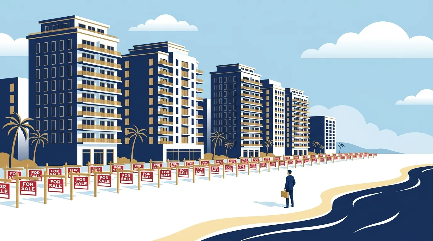 A row of Florida condo for-sale signs facing a single buyer, illustrating the seller-to-buyer imbalance