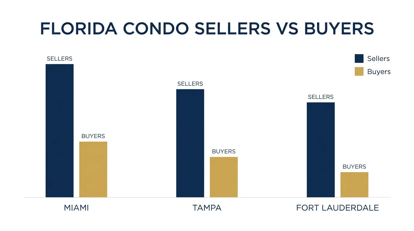 Bar chart comparing Florida condo sellers to buyers in Miami, Tampa, and Fort Lauderdale, with sellers roughly three times the number of buyers in each metro