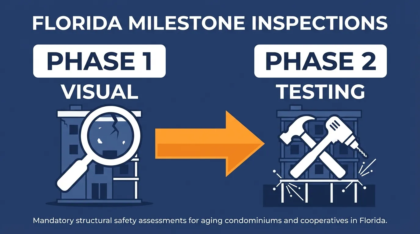 Florida milestone inspection Phase 1 visual examination vs Phase 2 destructive testing - mandatory structural safety assessments for aging condominiums