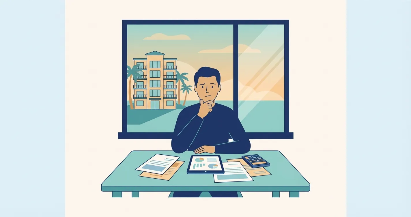 A person reviewing financial documents at a kitchen table with a Florida condo visible through a window