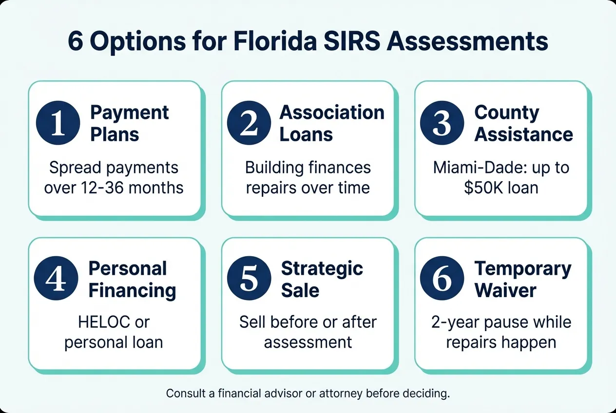 6 options for Florida SIRS assessments: payment plans, association loans, county assistance, personal financing, strategic sale, temporary waiver