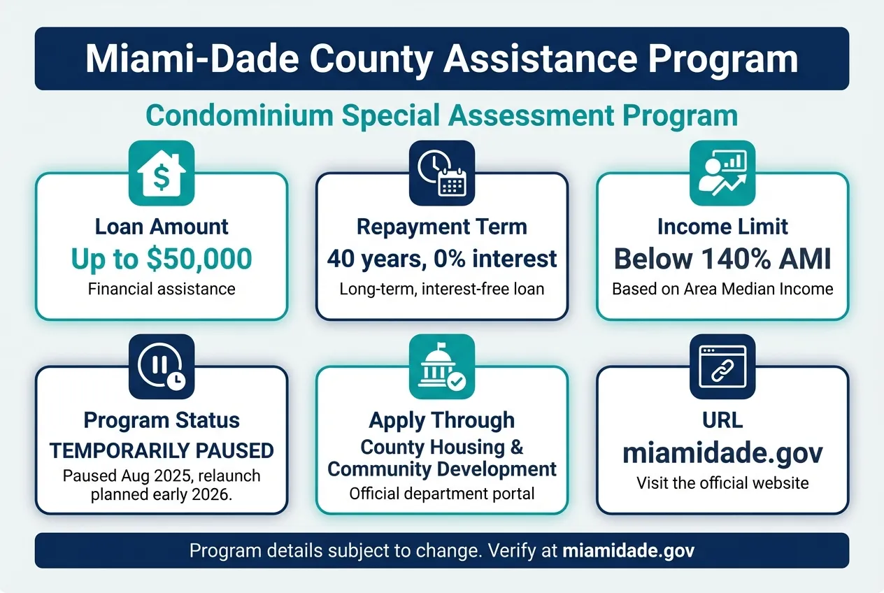 Miami-Dade County Condominium Special Assessment Program: up to $50,000 loan, 40-year repayment, income limit under 140% AMI