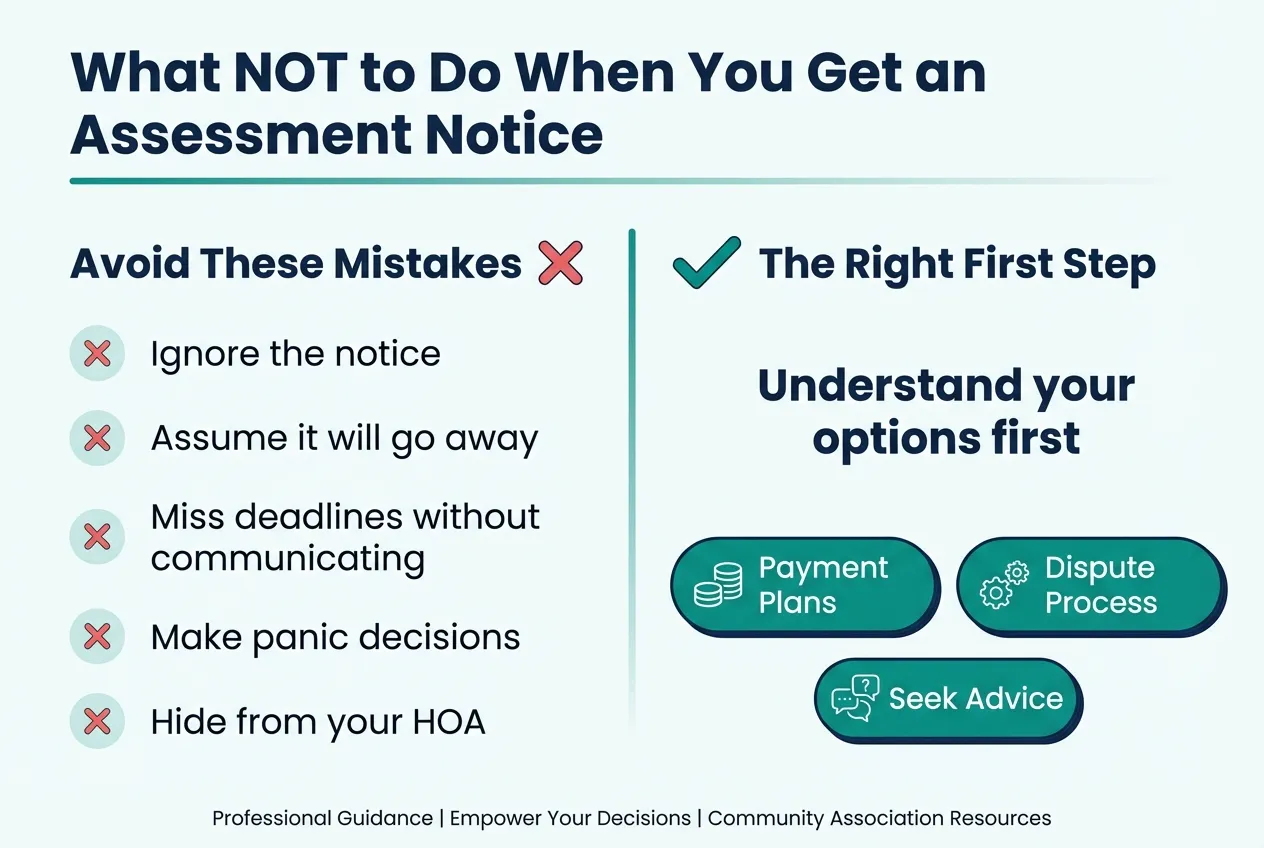 What not to do when you get an assessment notice: don't ignore it, don't assume it will go away, don't miss deadlines, don't make panic decisions
