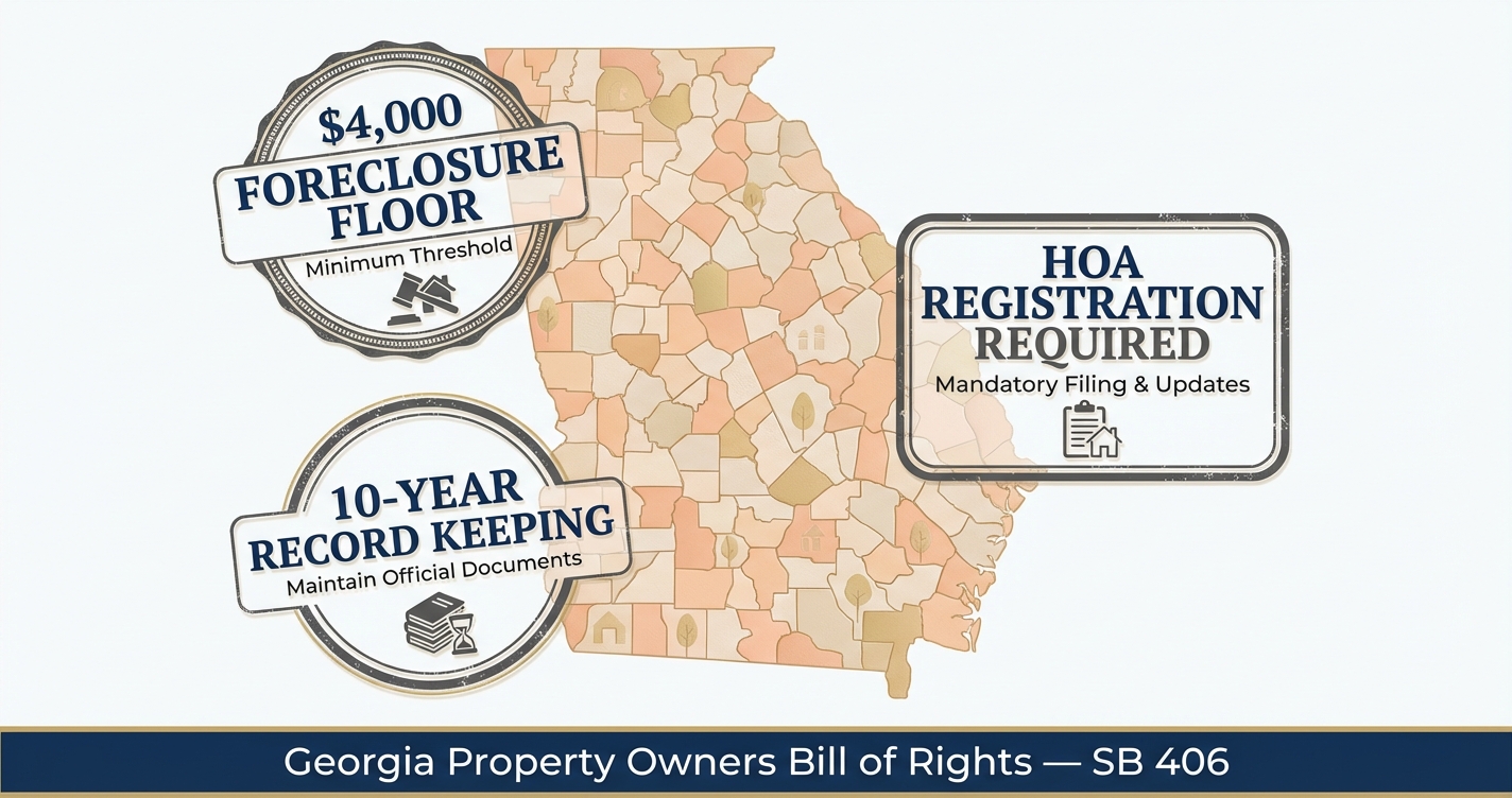 Georgia SB 406 HOA oversight law - registration, foreclosure floor, and record-keeping requirements