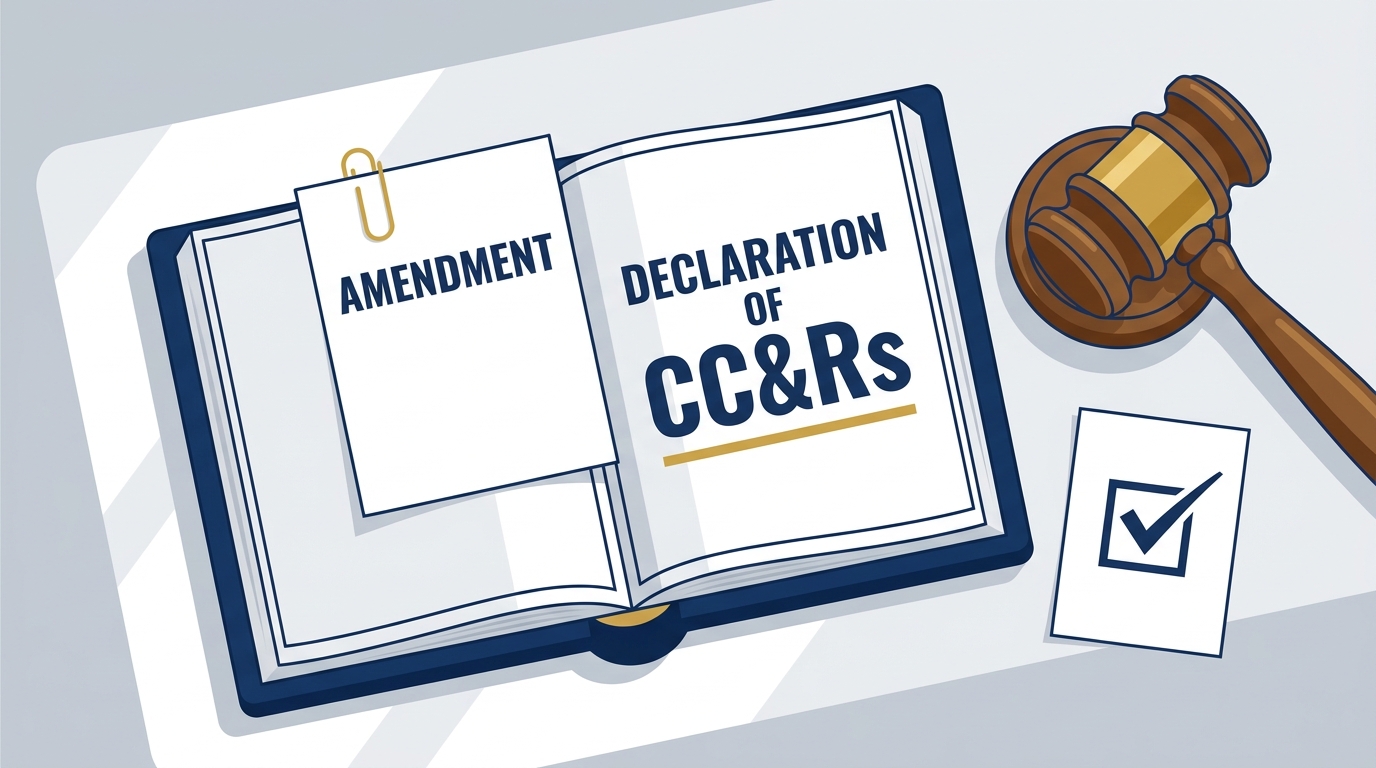 An HOA declaration open on a table with a proposed amendment and a ballot, illustrating a supermajority owner vote to change the CC&Rs
