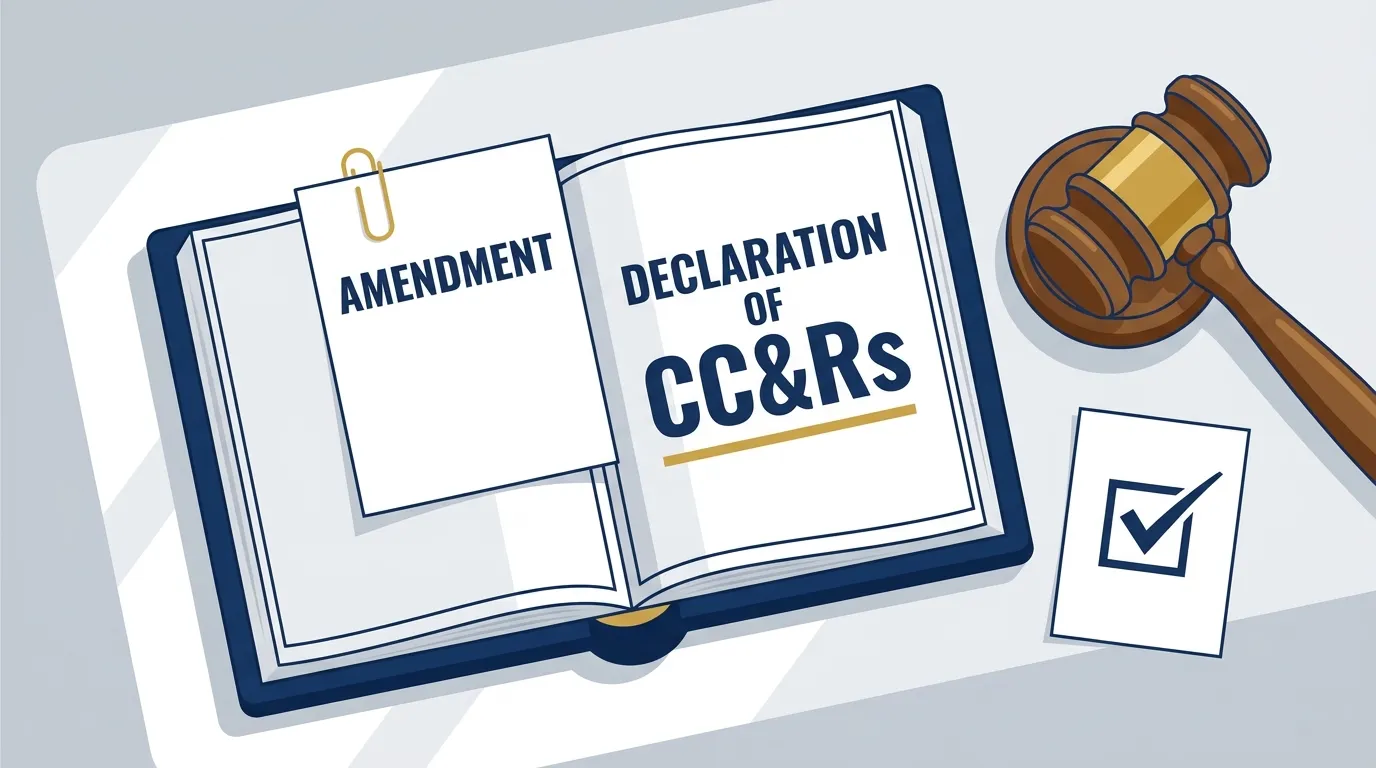 An HOA declaration open on a table with a proposed amendment and a ballot, illustrating a supermajority owner vote to change the CC&Rs