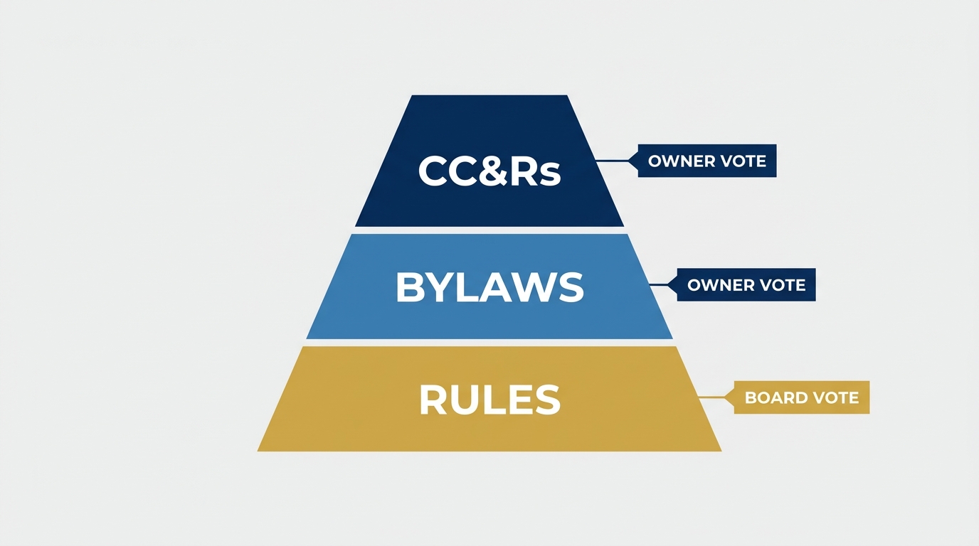 A three-tier pyramid of HOA documents: CC&Rs and bylaws at the top require an owner vote to change, while rules at the bottom can be changed by a board vote alone