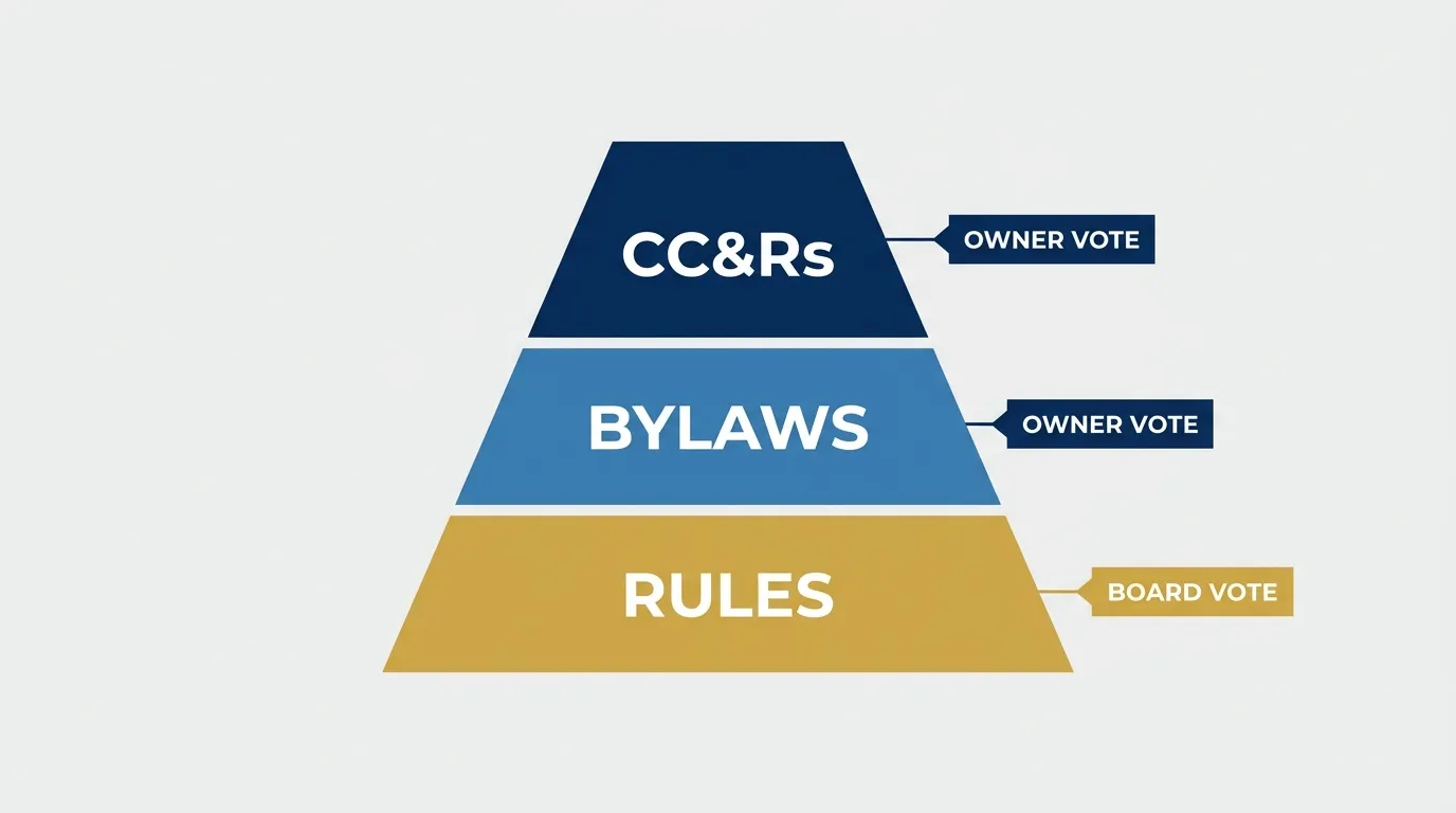 A three-tier pyramid of HOA documents: CC&Rs and bylaws at the top require an owner vote to change, while rules at the bottom can be changed by a board vote alone