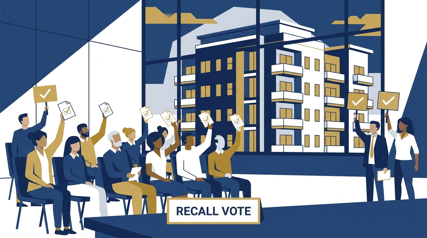 HOA owners raising ballots to recall their board of directors at a community meeting, with a condo building in the background