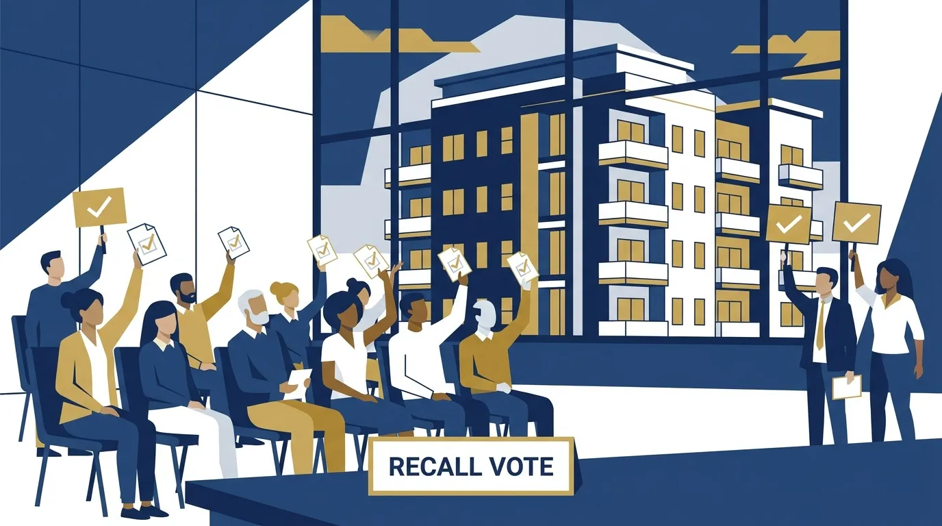 HOA owners raising ballots to recall their board of directors at a community meeting, with a condo building in the background