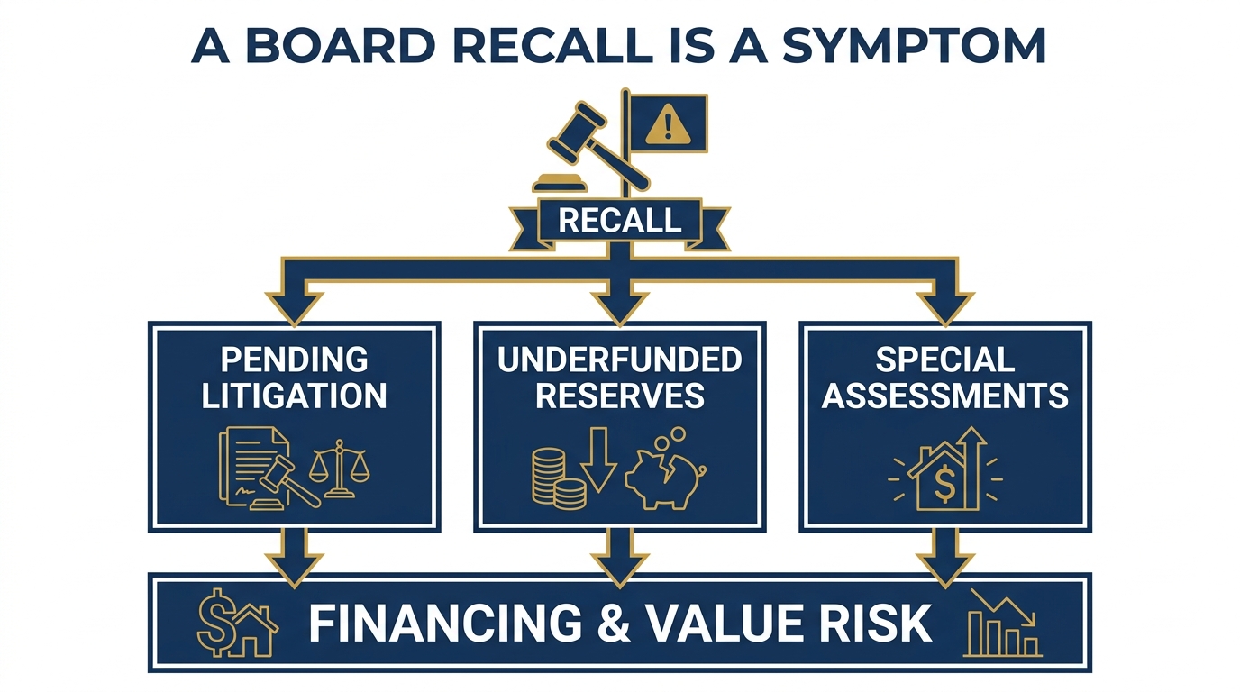Infographic showing a board recall as a symptom pointing to three underlying problems, pending litigation, underfunded reserves, and special assessments, which flow into financing and resale risk