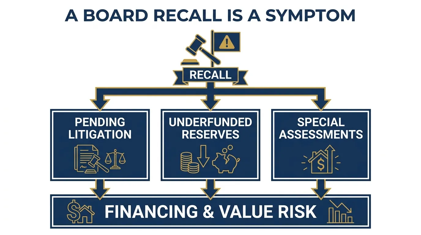 Infographic showing a board recall as a symptom pointing to three underlying problems, pending litigation, underfunded reserves, and special assessments, which flow into financing and resale risk