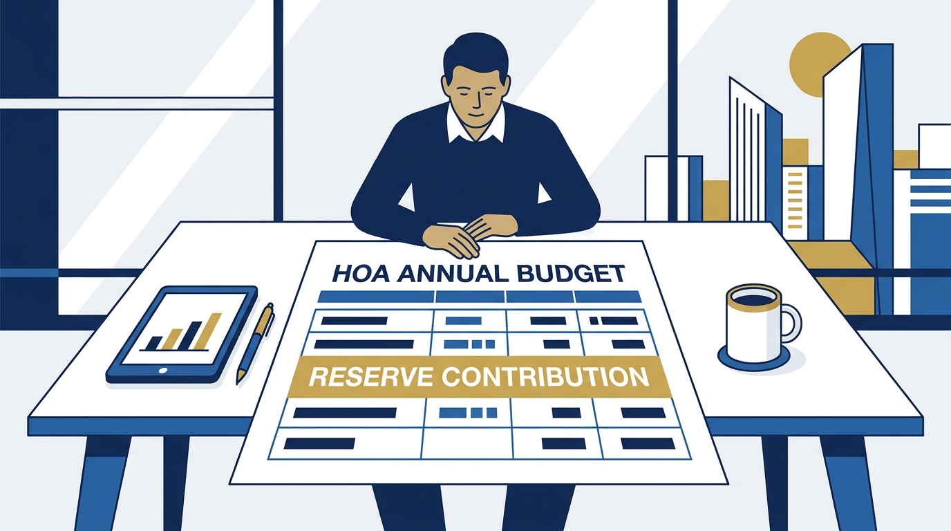 A condo buyer reviewing an HOA annual operating budget with a reserve contribution line item highlighted