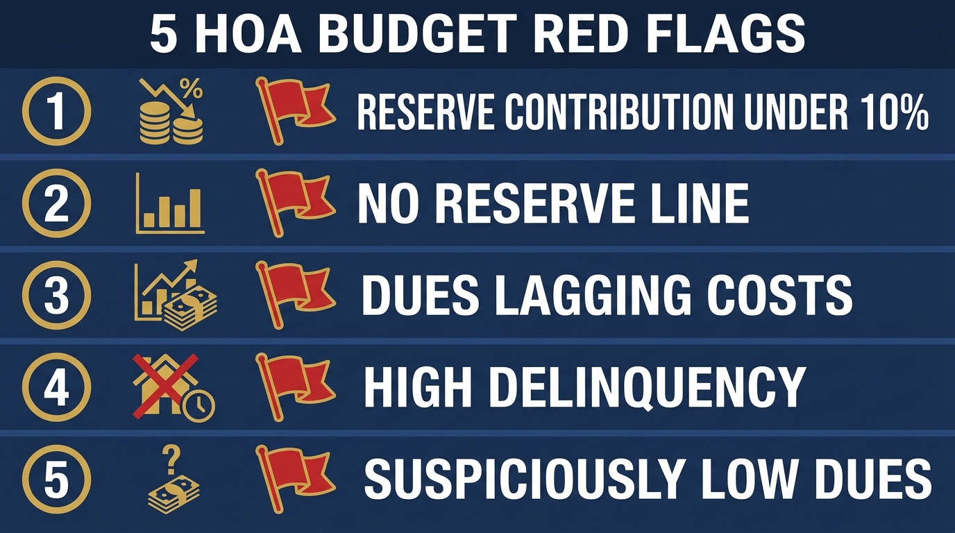 Infographic listing five HOA budget red flags: reserve contribution under 10 percent, no reserve line or reserves being raided, dues lagging costs, a large delinquency allowance, and suspiciously low dues